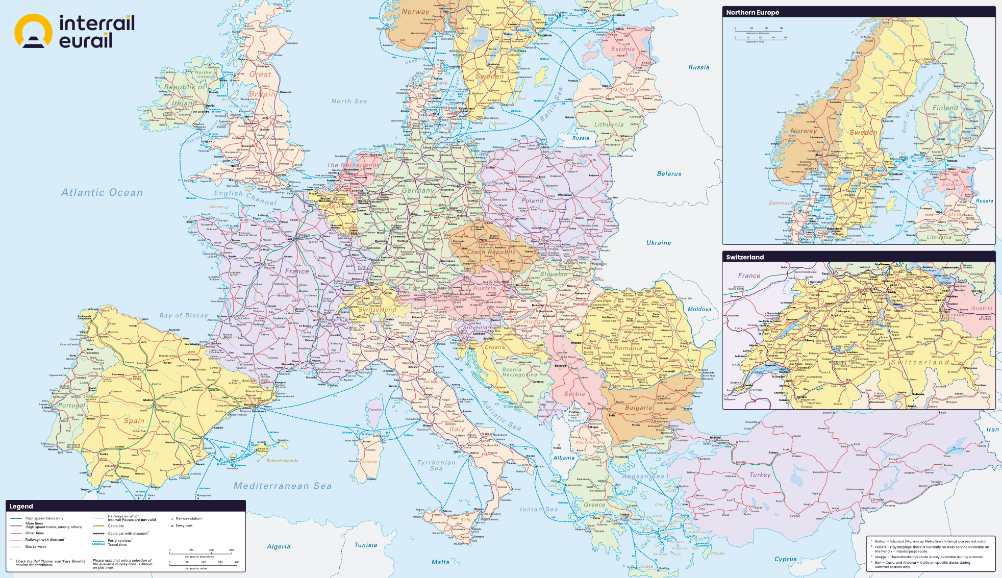Europe railway map with travel times –